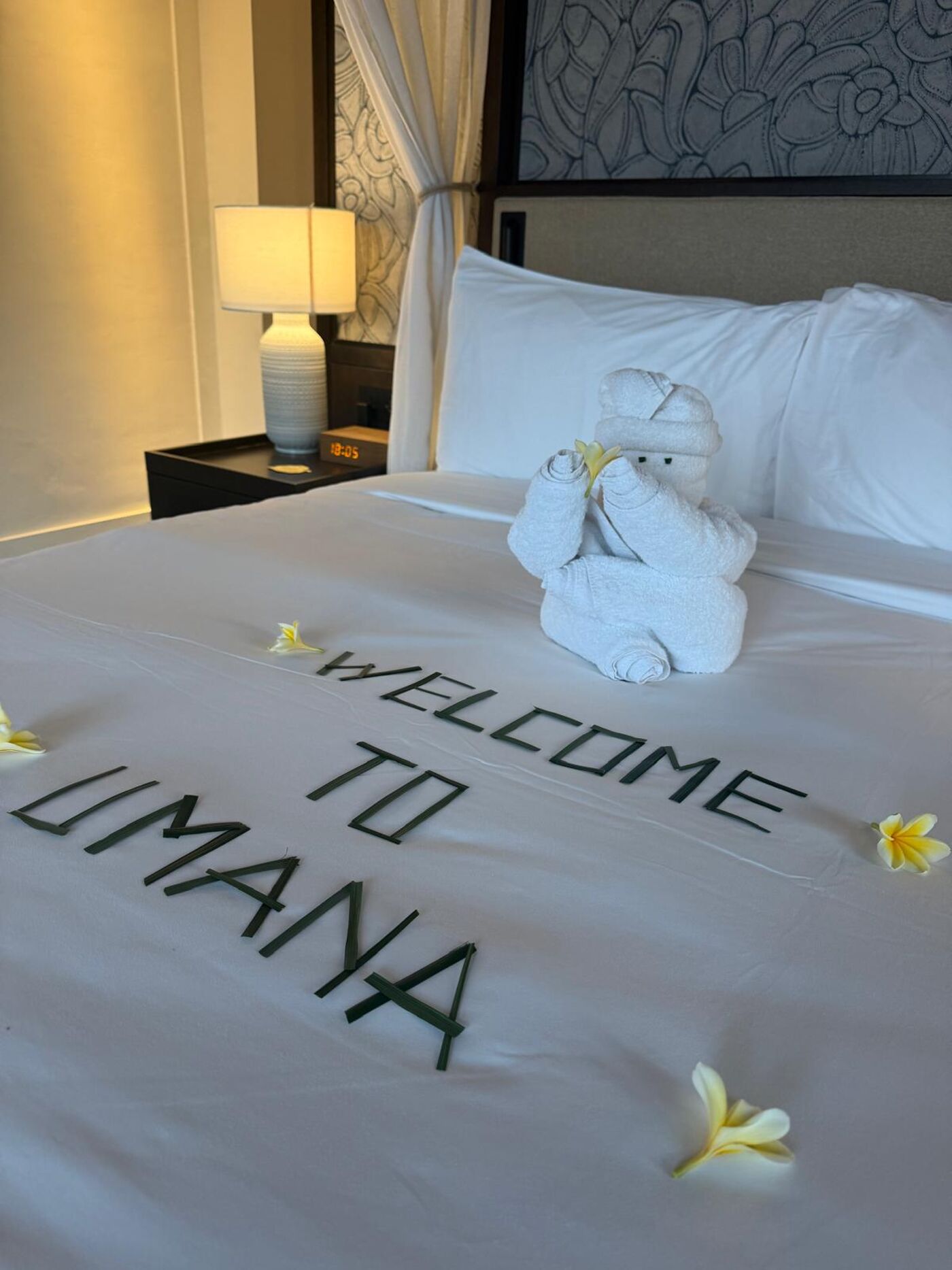 A welcome bed setting with decor at Umana